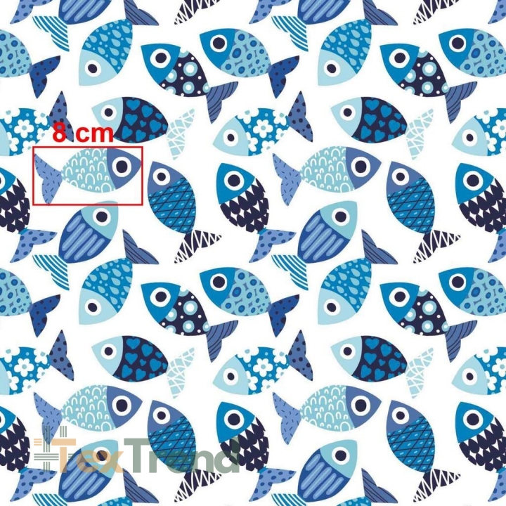 Baumwolle 100% gemusterte blaue Fische auf weißem Hintergrund  
