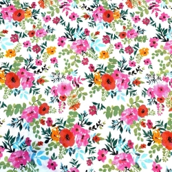 Baumwolle 100% bunte Mohnblumen auf weißem Hintergrund  