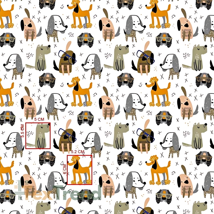 Baumwolle 100% Hunde oliv-orange auf weißem Hintergrund  