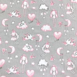 Baumwolle 100% Kuscheltiere rosa auf grauem Hintergrund  