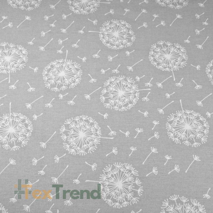 100% Baumwolle weiße Pusteblumen auf grauem Hintergrund  