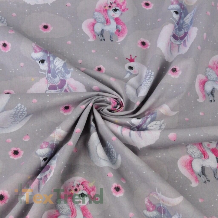 Baumwolle 100% Einhörner mit Schwänen blau-rosa auf grauem Hintergrund  