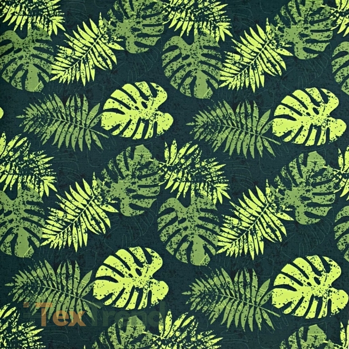 wasserabweisender Stoff hellgrüne Monstera-Blätter auf dunkelgrünem Hintergrund  