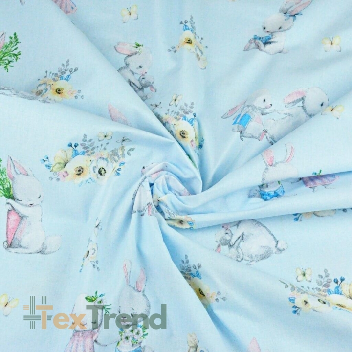 100% Baumwolle verliebte Kaninchen auf blauem Hintergrund  