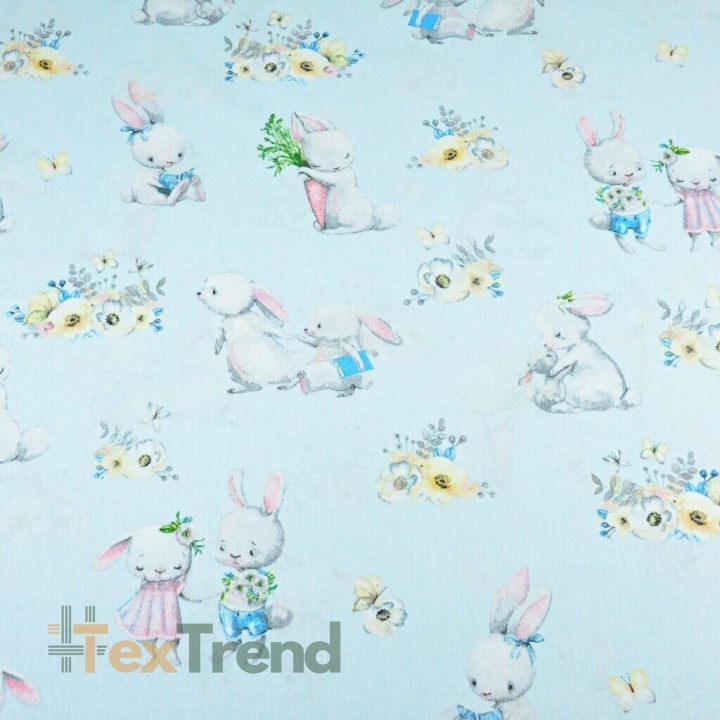 100% Baumwolle verliebte Kaninchen auf blauem Hintergrund  