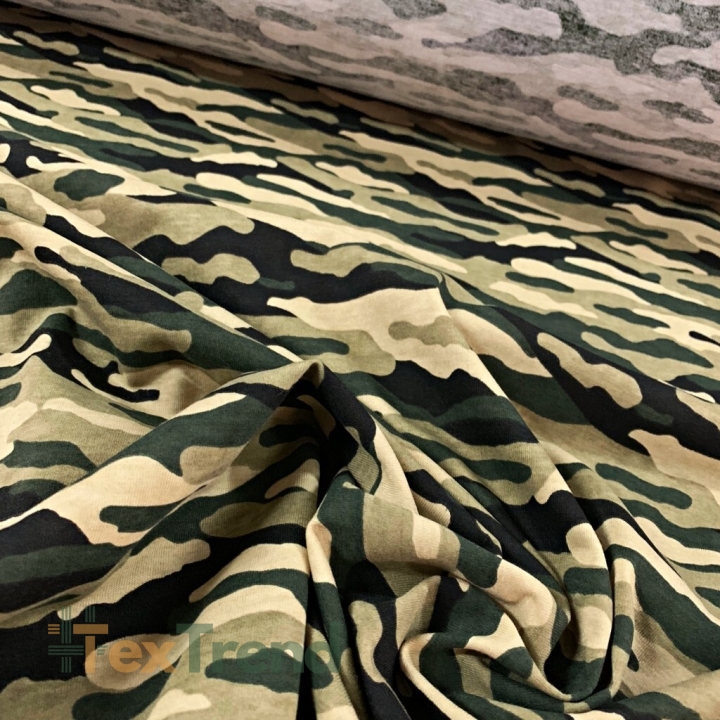 Jersey-Stoff grün-beige Camouflage  