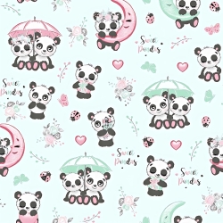 Baumwolle 100% Pandas mit Regenschirm auf mintfarbenem Hintergrund  