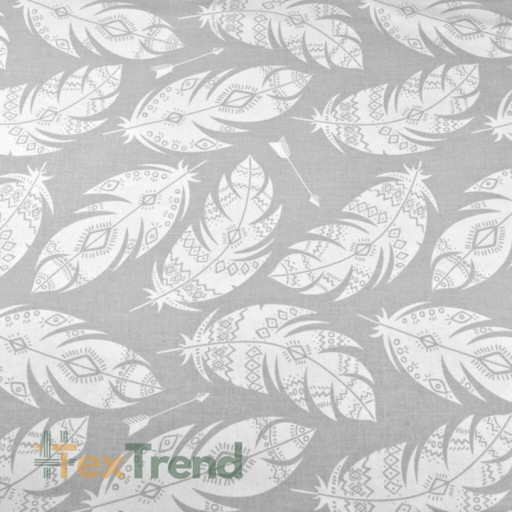 100% Baumwolle weiße aztekische Federn auf grauem Hintergrund  