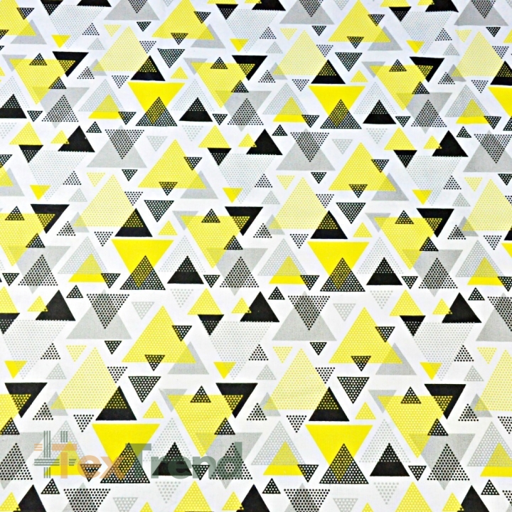 Baumwolle 100% Dreiecke mit Punkten gelb-grau auf weißem Hintergrund  