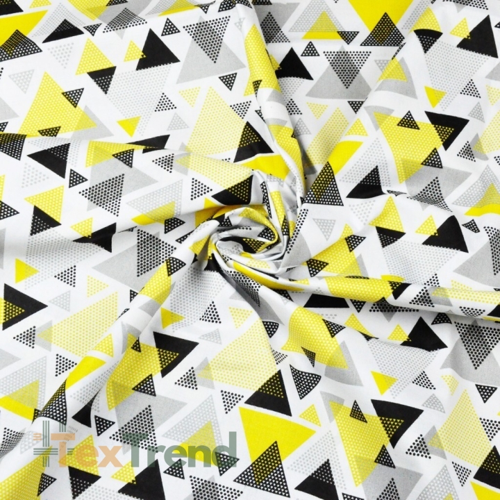 Baumwolle 100% Dreiecke mit Punkten gelb-grau auf weißem Hintergrund  