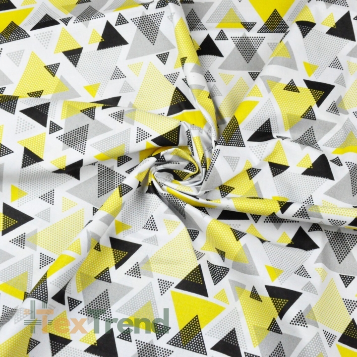 Baumwolle 100% Dreiecke mit Punkten gelb-grau auf weißem Hintergrund  