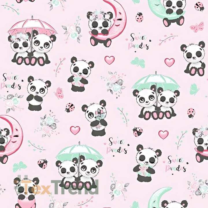 Baumwolle 100% Pandas mit Regenschirm auf rosa Hintergrund  