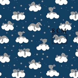 Baumwolle 100% graue Kaninchen auf Wolken auf dunkelblauem Hintergrund  