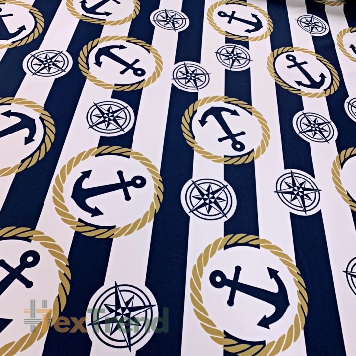 wasserabweisender Stoff maritimes Streifenmuster mit Ankern in weiß-dunkelblau  