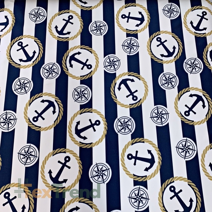 wasserabweisender Stoff maritimes Streifenmuster mit Ankern in weiß-dunkelblau  