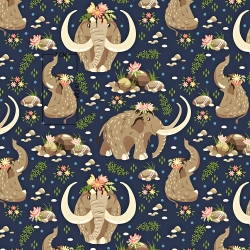 Baumwolle 100% Mammuts beige auf navy Hintergrund  