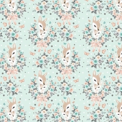 Baumwolle 100% Rehkitze in Kränzen mit Rosen auf mintfarbenem Hintergrund  