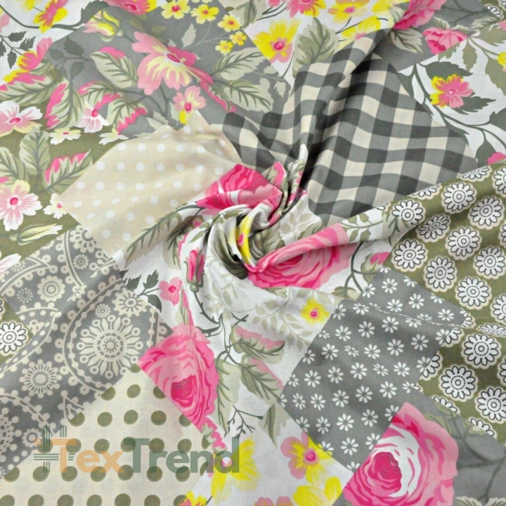 Baumwolle 100% Patchwork Blumen grau-khaki 220cm  