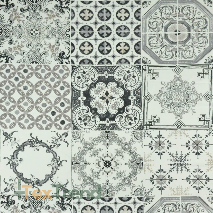 Baumwolle 100% Patchwork Ornament schwarz auf ecrufarbenem Hintergrund - 220cm  