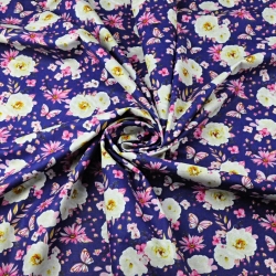 Baumwolle 100% Blumen mit Schmetterlingen auf navyblauem Hintergrund - 220cm  