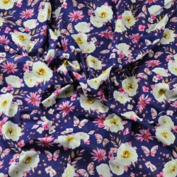 Baumwolle 100% Blumen mit Schmetterlingen auf navyblauem Hintergrund - 220cm  