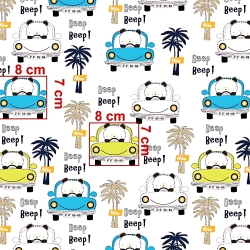 Baumwolle 100% Pandas beep! in blau-limettengrünen Autos auf weißem Hintergrund  