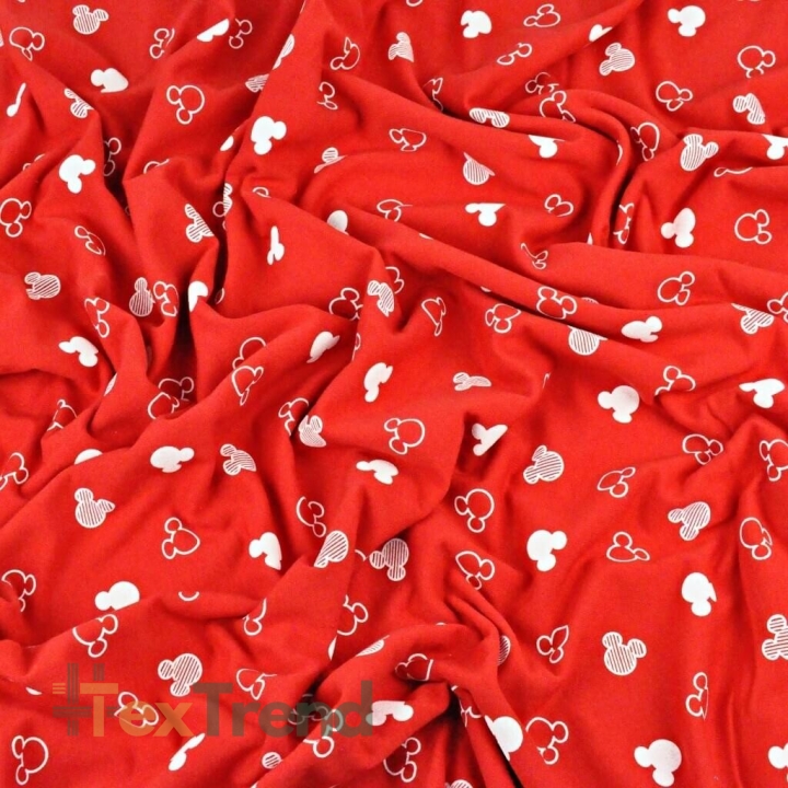 Dresówka pętelka - miki kontury białe na czerwonym tle  