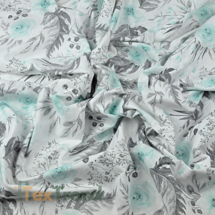 Baumwolle 100% Eustoma Blumen mint-grau auf weißem Hintergrund