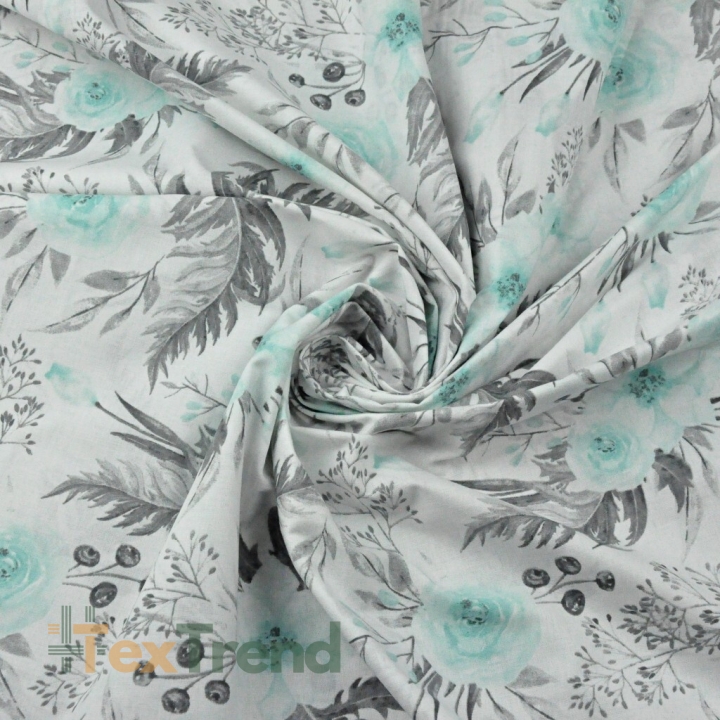 Baumwolle 100% Eustoma Blumen mint-grau auf weißem Hintergrund