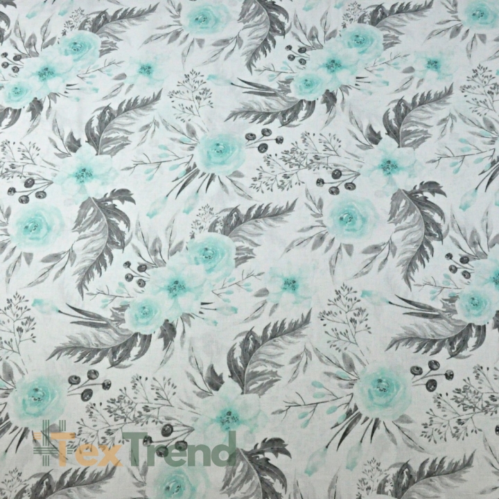 Baumwolle 100% Eustoma Blumen mint-grau auf weißem Hintergrund