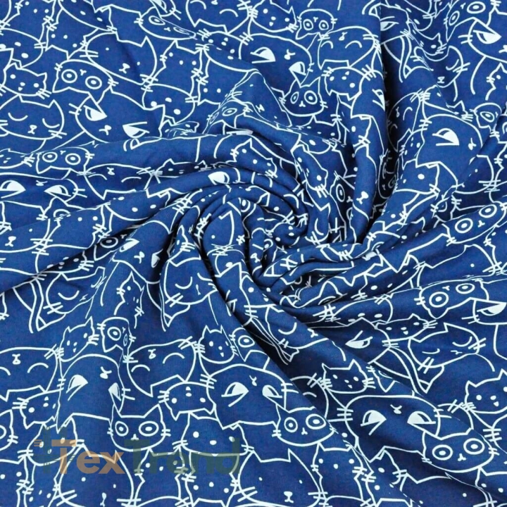 Dresówka pętelka - koty kontury białe na granatowym tle  