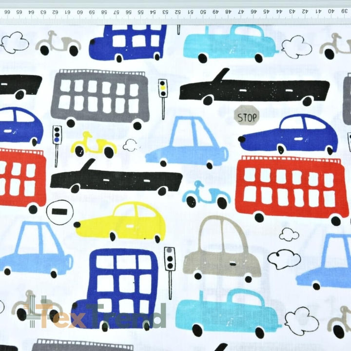 Baumwolle 100% bunte Autos auf weißem Hintergrund  