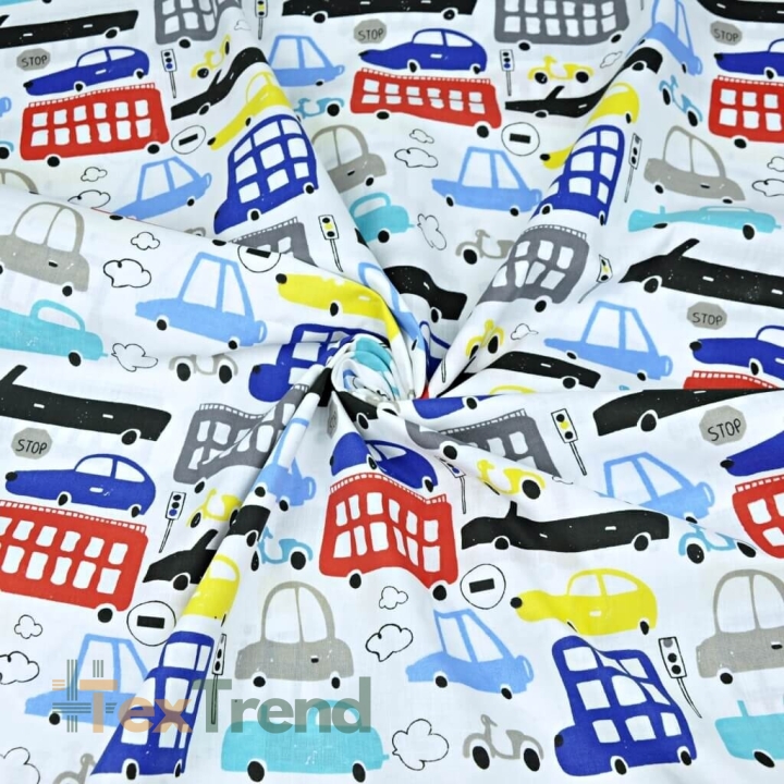 Baumwolle 100% bunte Autos auf weißem Hintergrund  