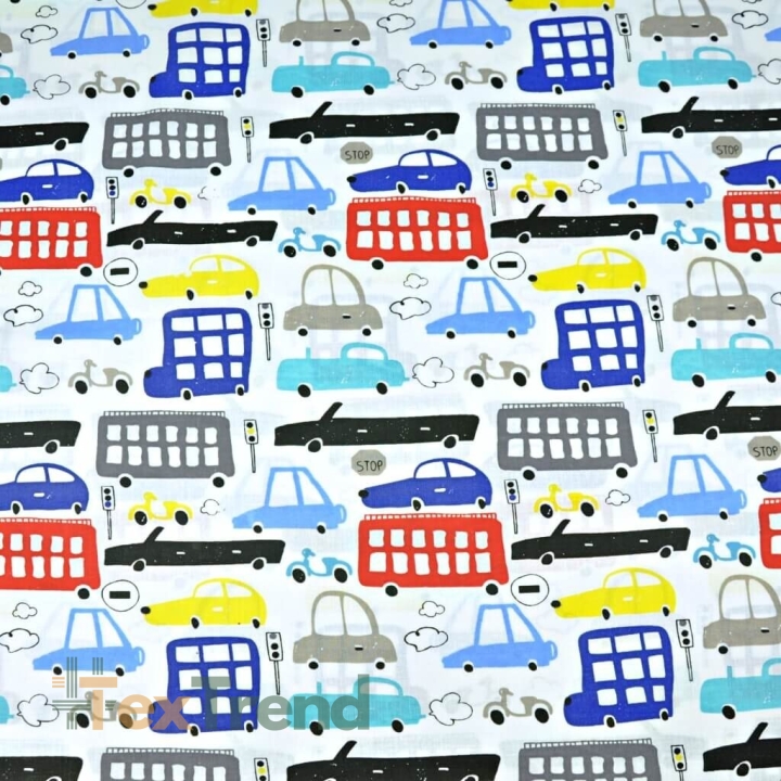 Baumwolle 100% bunte Autos auf weißem Hintergrund  