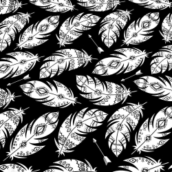 Baumwolle 100% - weiße aztekische Federn auf schwarzem Hintergrund  