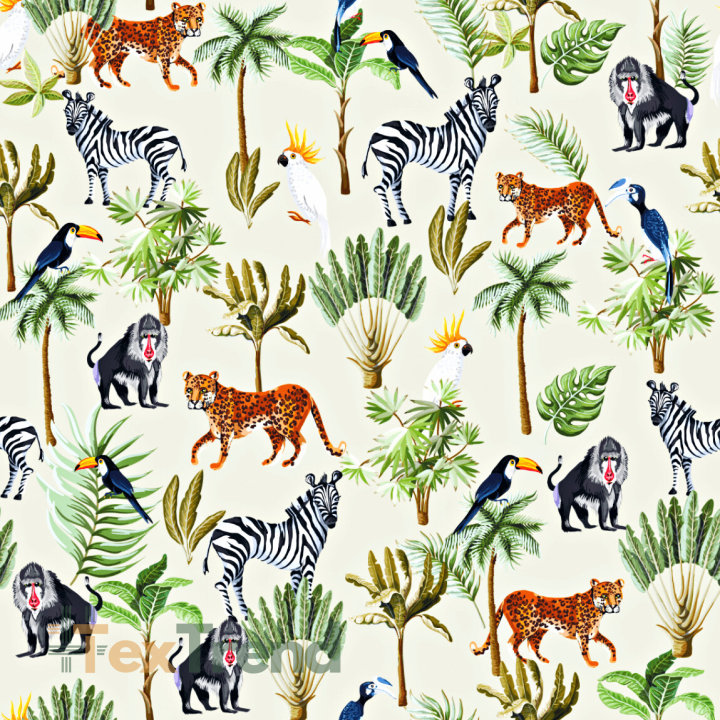 Jersey-Stoff Digitaldruck - afrikanische Tiere auf ecrufarbenem Hintergrund  