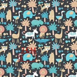 Baumwolle 100% afrikanische Tiere orange-türkis auf dunkelgrauem Hintergrund