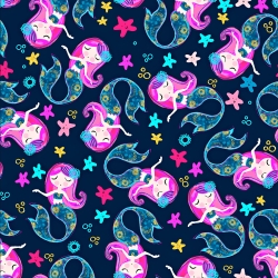 Jersey-Stoff Digitaldruck - Meerjungfrauen auf dunkelblauem Hintergrund  