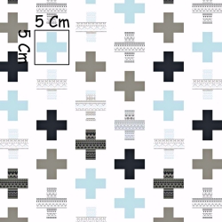 Baumwolle 100% gemusterte Pluszeichen grau-türkis auf weißem Hintergrund  