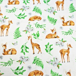 Baumwolle 100% Reh mit Blättern auf weißem Hintergrund  