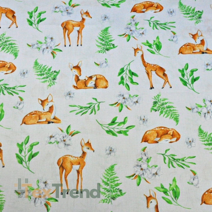 Baumwolle 100% Reh mit Blättern auf hellgrauem Hintergrund  