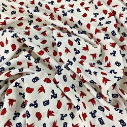 Bekleidungsstoff Polyester maritimes Muster dunkelblau-rot auf weißem Hintergrund  