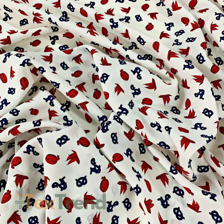 Bekleidungsstoff Polyester maritimes Muster dunkelblau-rot auf weißem Hintergrund  