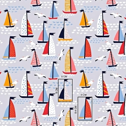 Baumwolle 100% bunte Segelboote auf grauem Hintergrund  