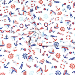 100% Baumwolle - maritimes kleines Muster in rot-blau auf weißem Hintergrund  