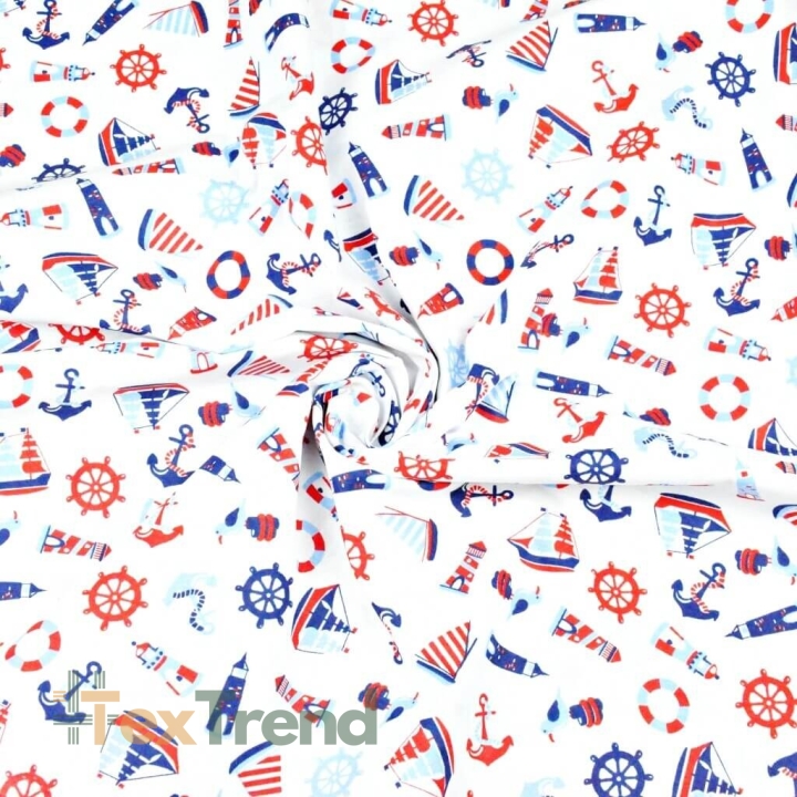 100% Baumwolle - maritimes kleines Muster in rot-blau auf weißem Hintergrund  