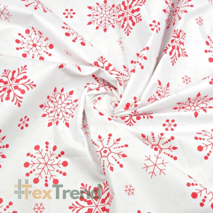 Baumwolle 100% Weihnachtsmuster große Schneeflocken rot auf weißem Hintergrund  