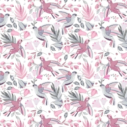 Baumwolle 100% Kolibris grau-rosa auf weißem Hintergrund  