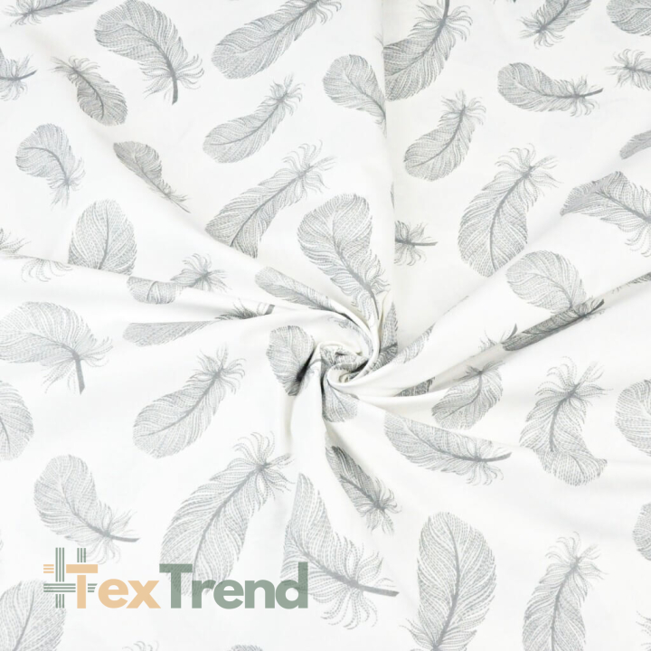 100% Baumwolle Federn grau auf weißem Hintergrund  