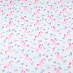 100% Baumwolle - rosa MINI Einhörner mit Blumen auf weißem Hintergrund  